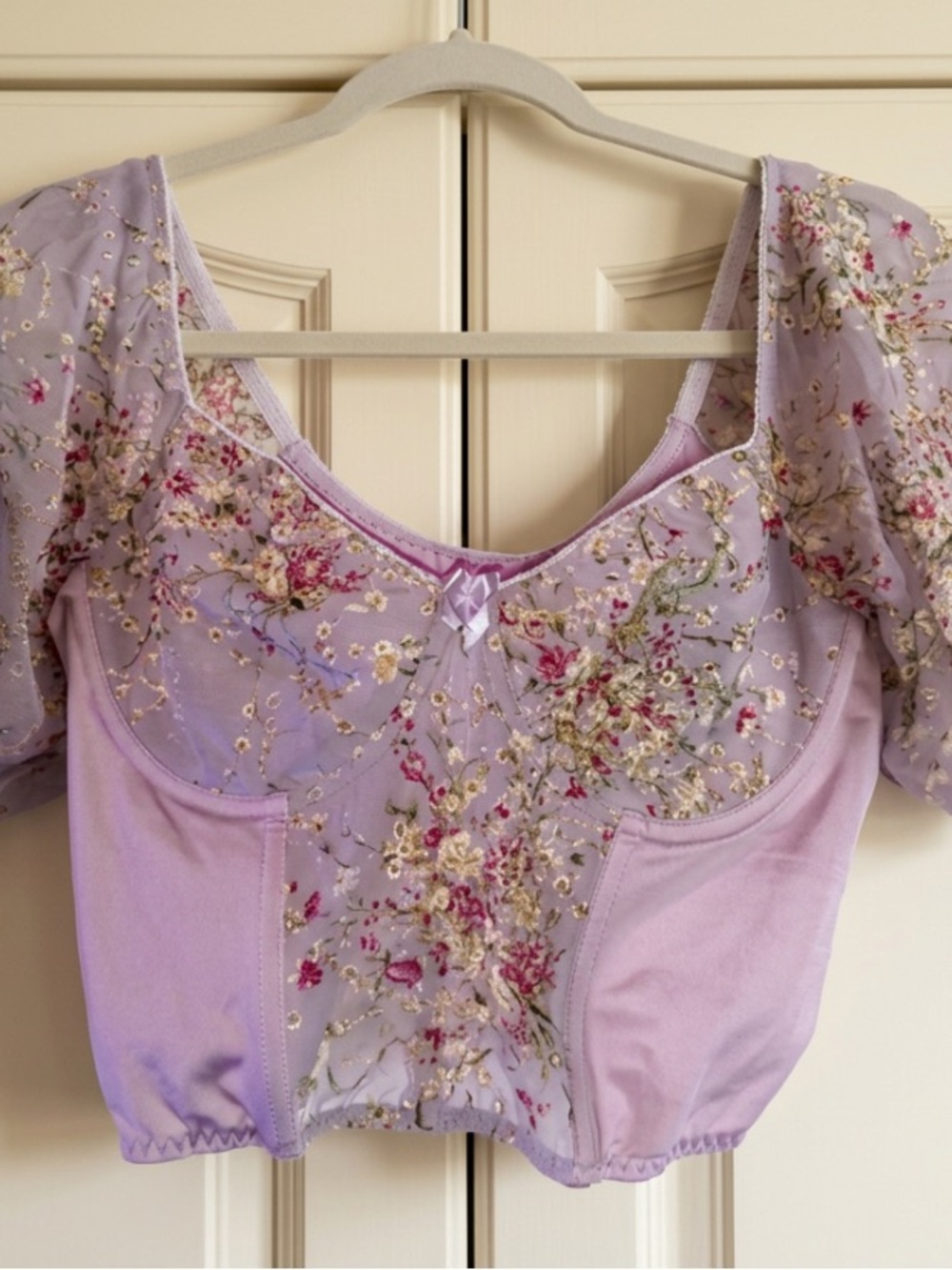 Lilac Floral Embroidered NWOT Corset Crop Top Puff Sleeve M Fairycore